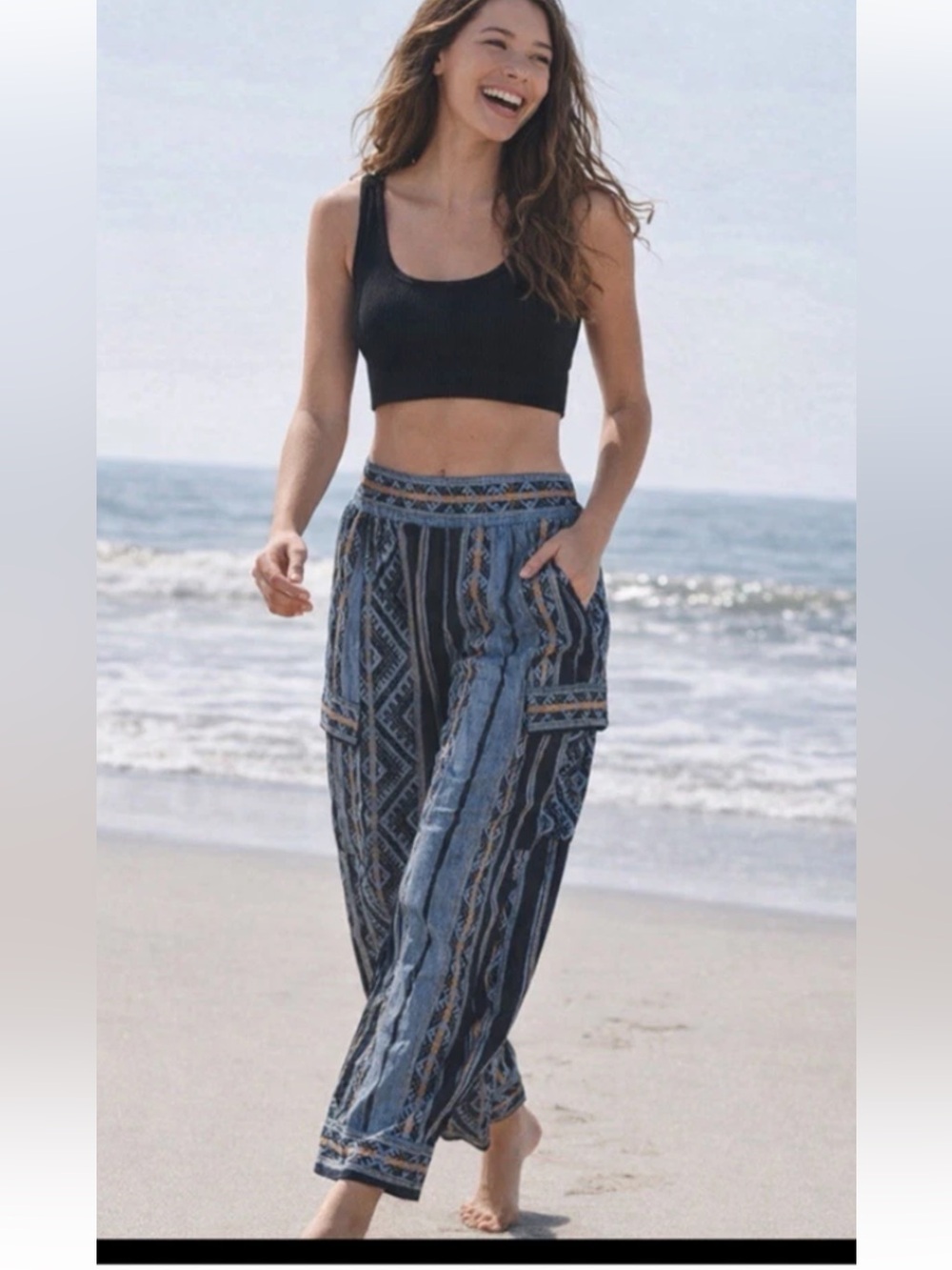 Free People FP Movement Visionary Printed Cargo Pants boho wide leg sz lg